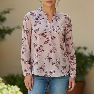 Hilary Radley Floral V-Neck Blouse Muted Rose Mauve XS